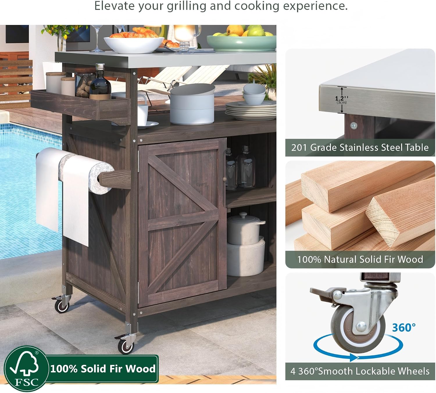 Wood Wheeled Outdoor Grill Cart