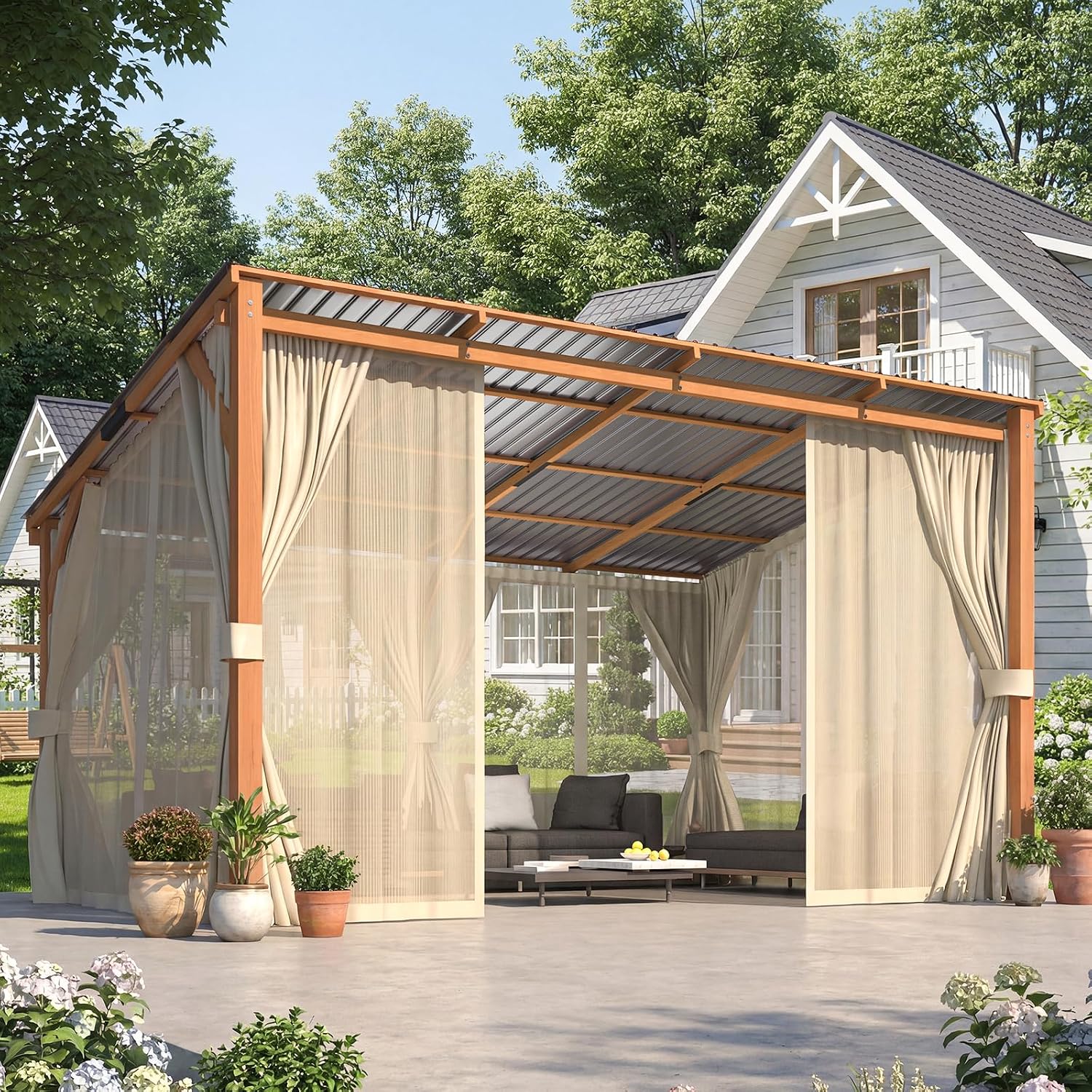 Wood Patio Pergola with Curtain Netting
