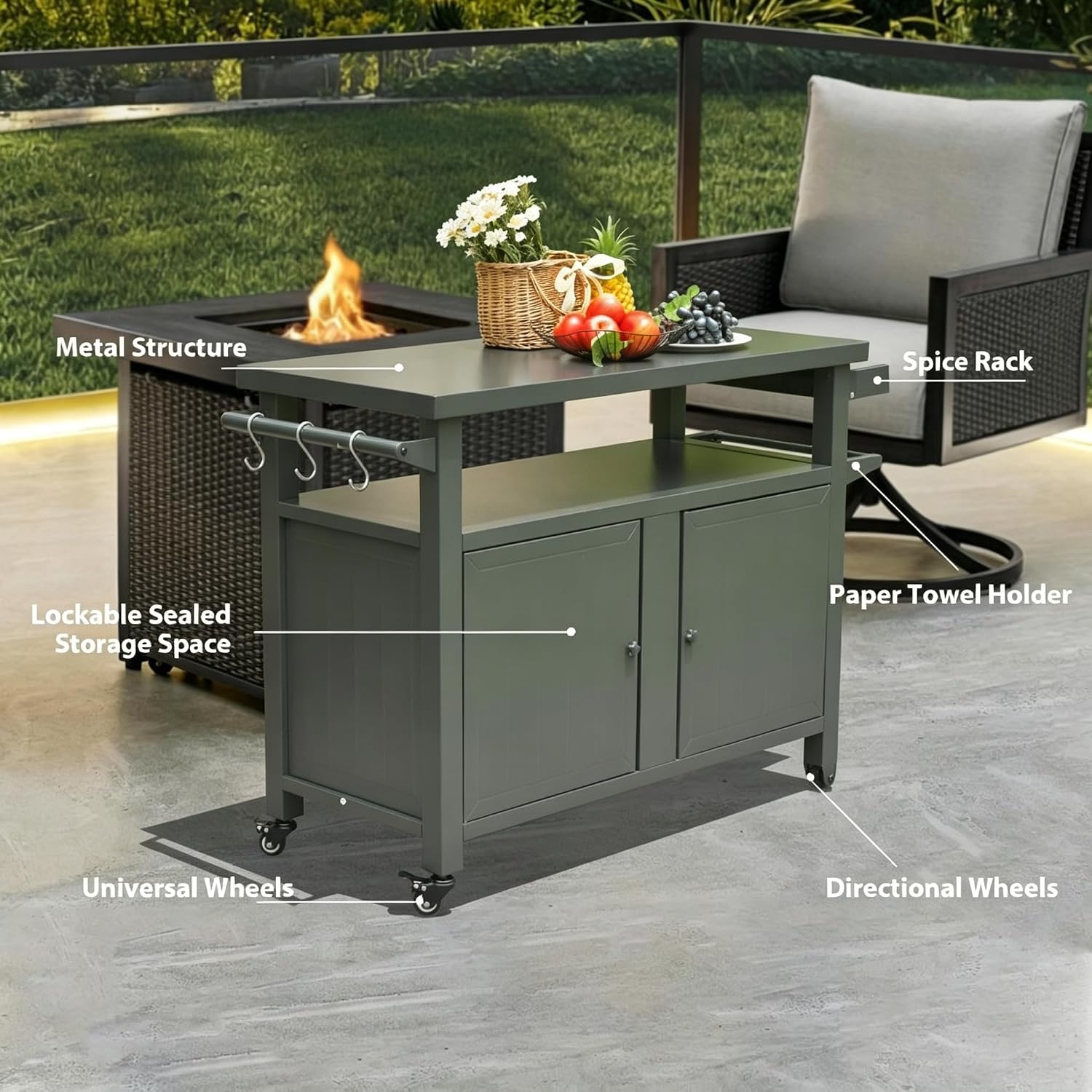 Rolling Metal BBQ Prep Grill Cart