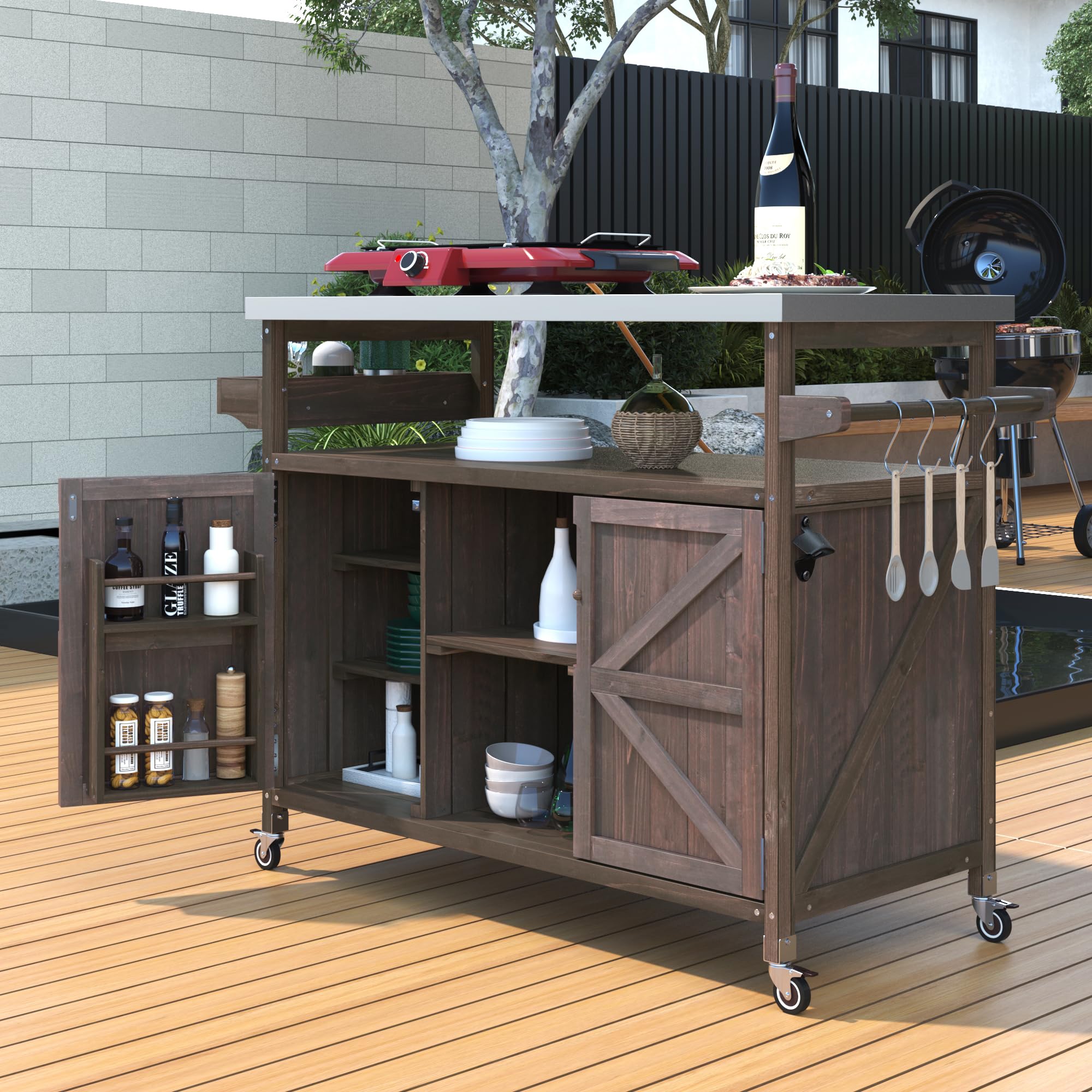Wood Wheeled Outdoor Grill Cart