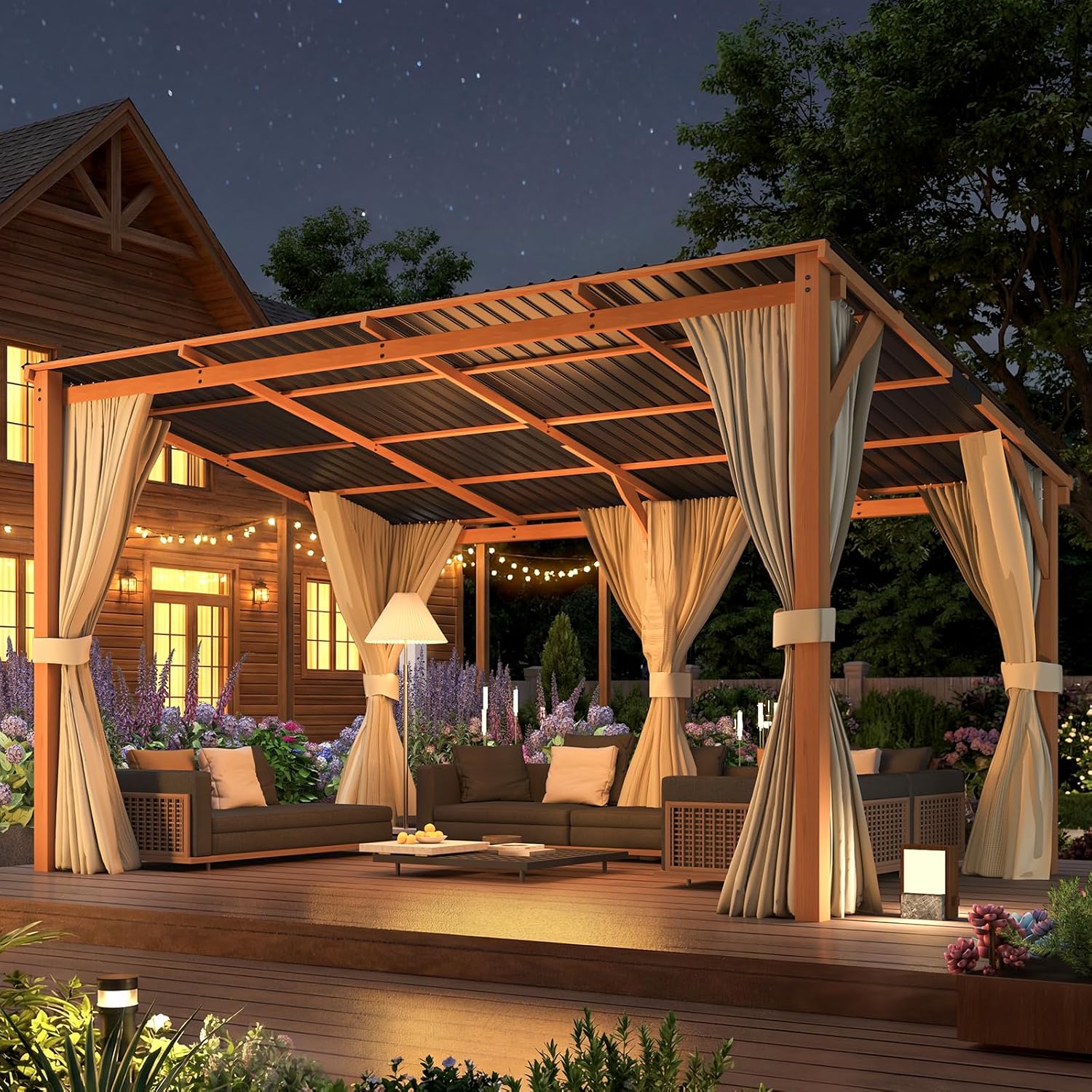 Wood Patio Pergola with Curtain Netting