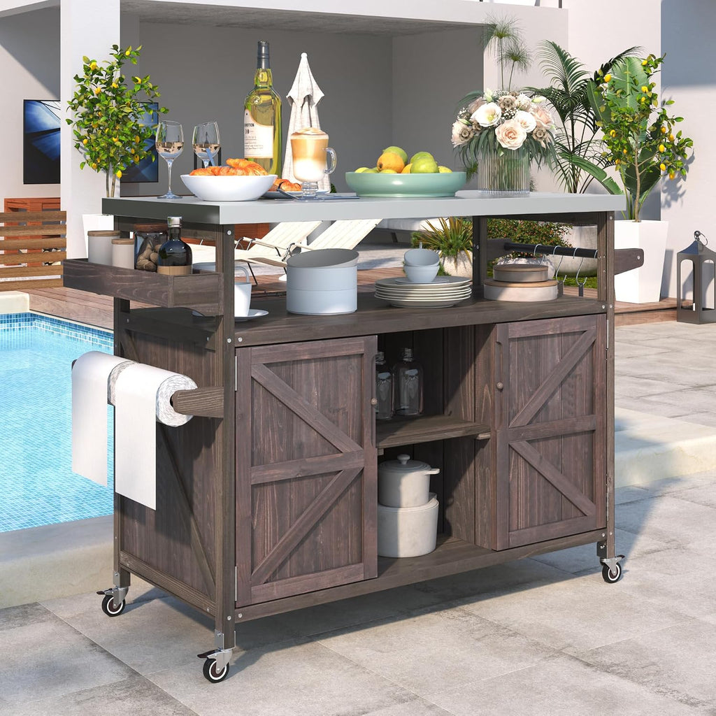 Wood Wheeled Outdoor Grill Cart