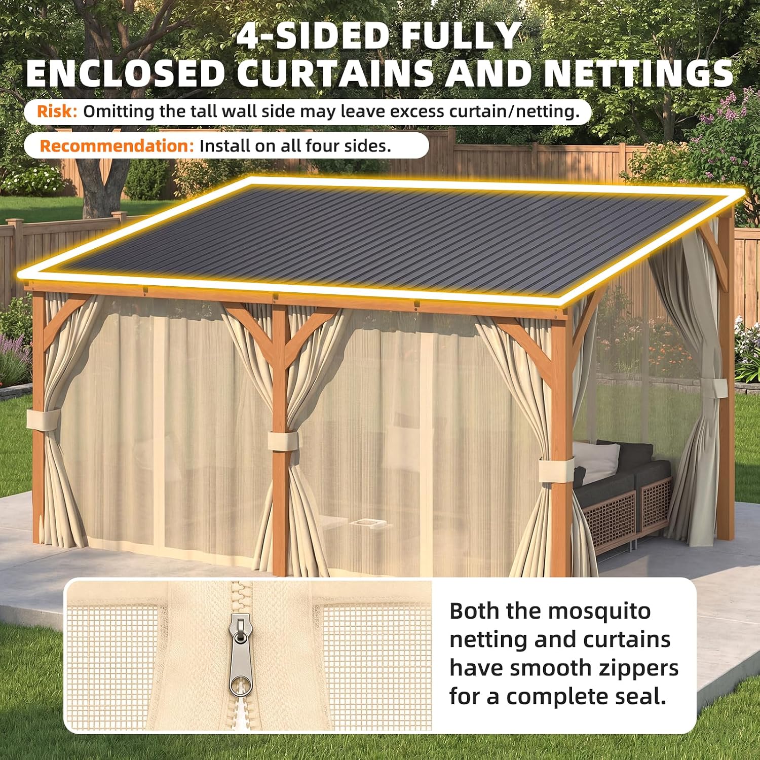 Wood Patio Pergola with Curtain Netting