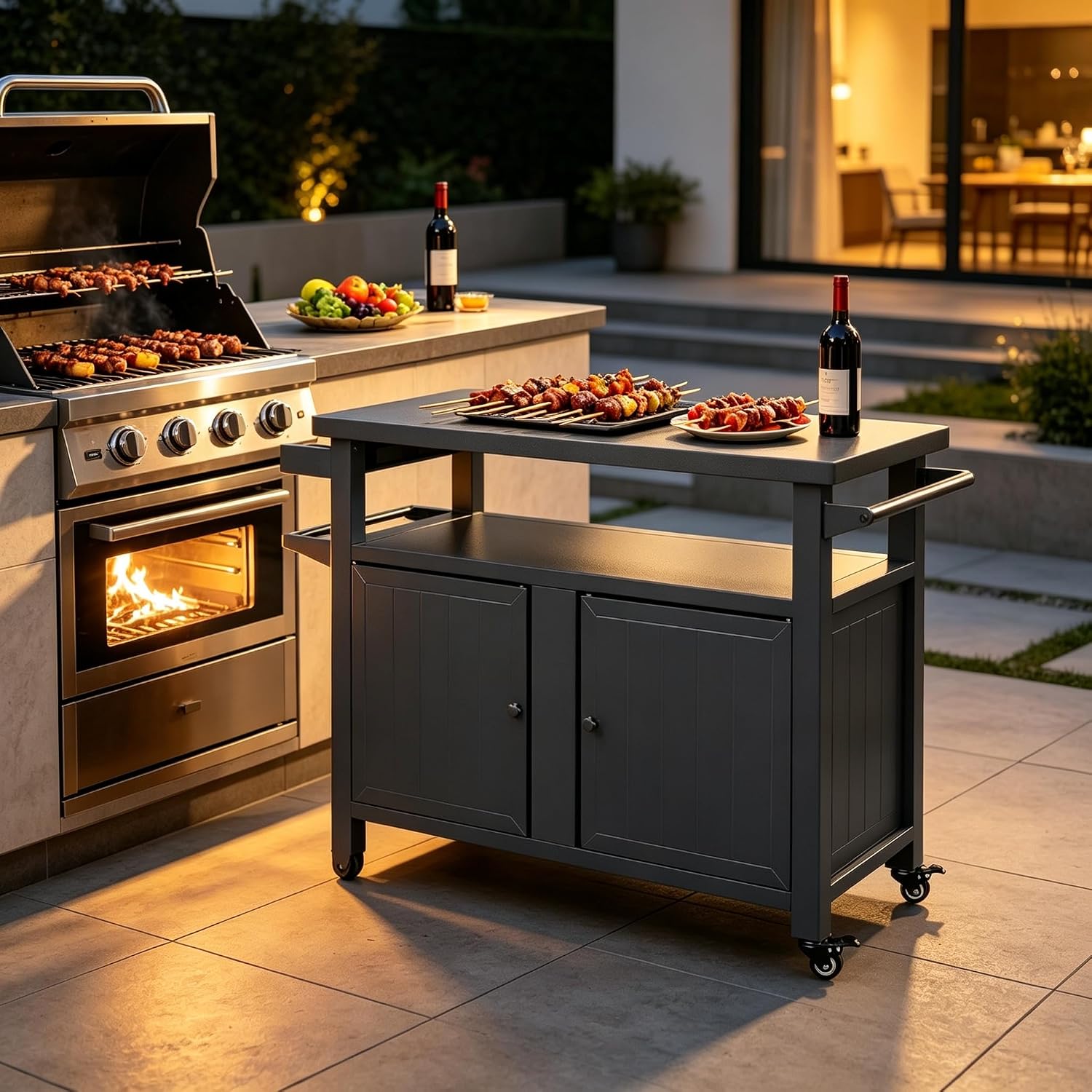 Rolling Metal BBQ Prep Grill Cart