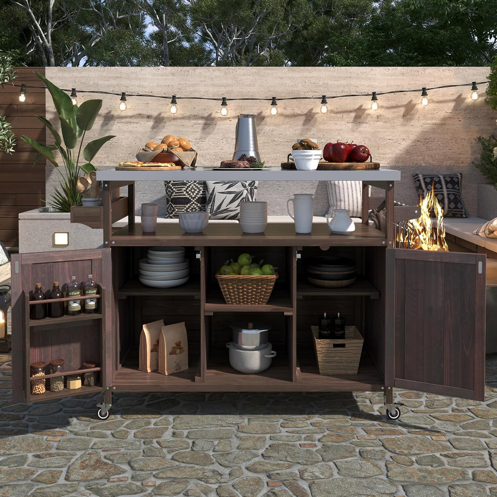 Wood Wheeled Outdoor Grill Cart