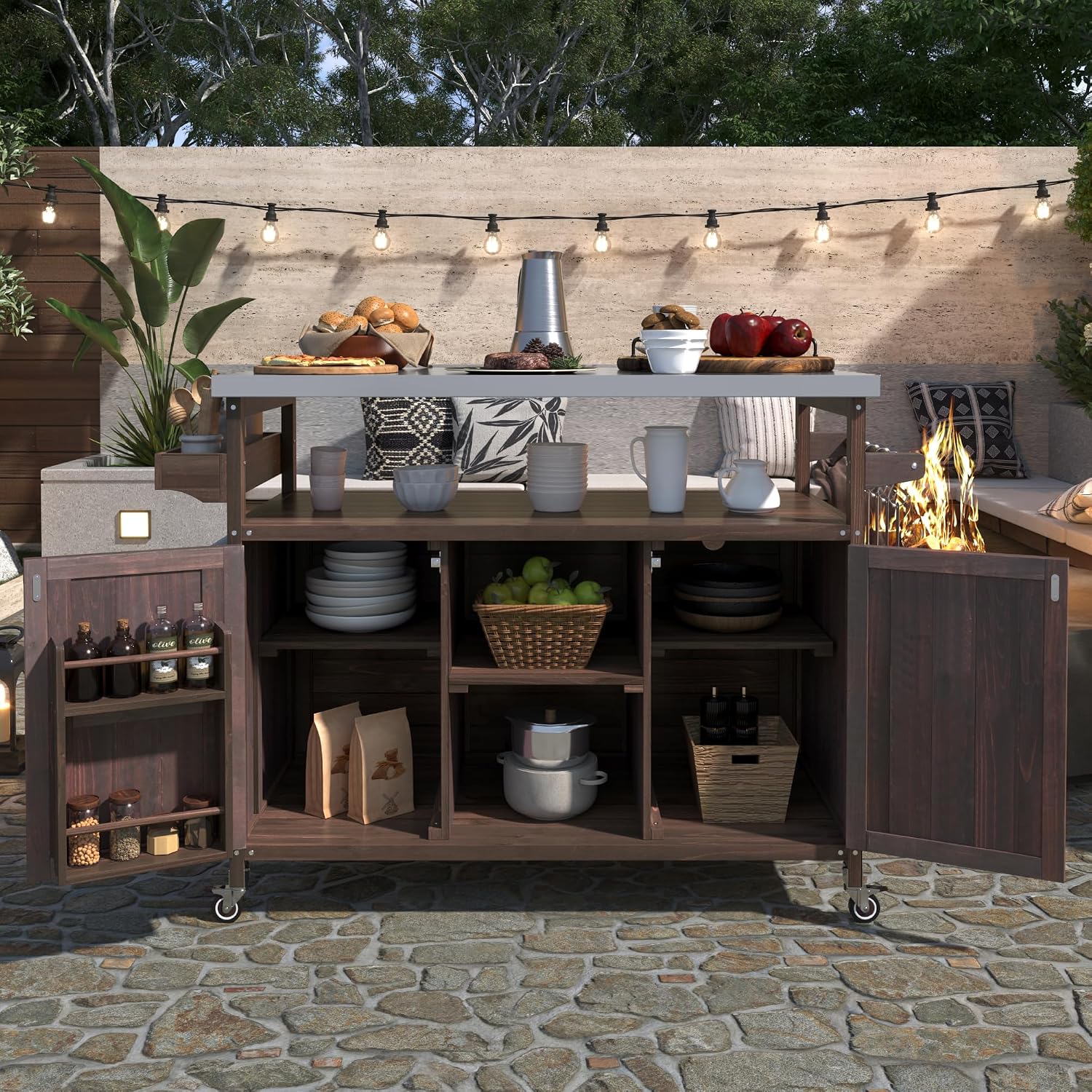 Wood Wheeled Outdoor Grill Cart